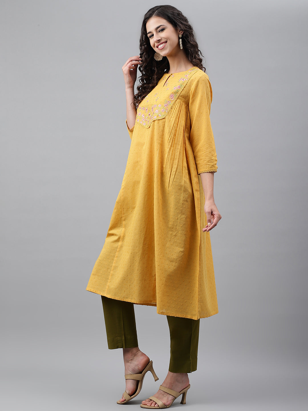 Janasya Women's Yellow Dobby Cotton Solid Casual A-Line Kurta | Swadesiicart