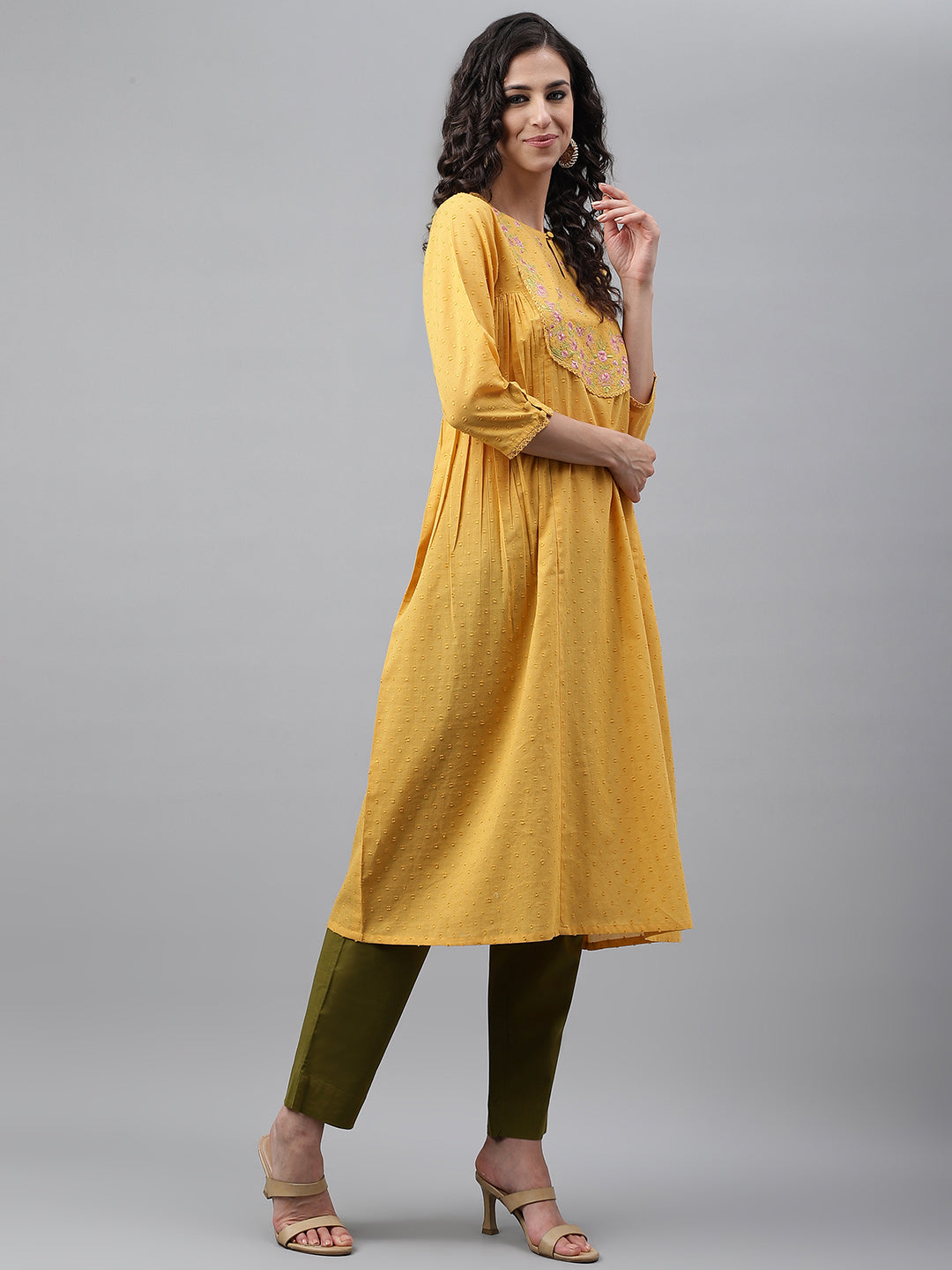 Janasya Women's Yellow Dobby Cotton Solid Casual A-Line Kurta | Swadesiicart