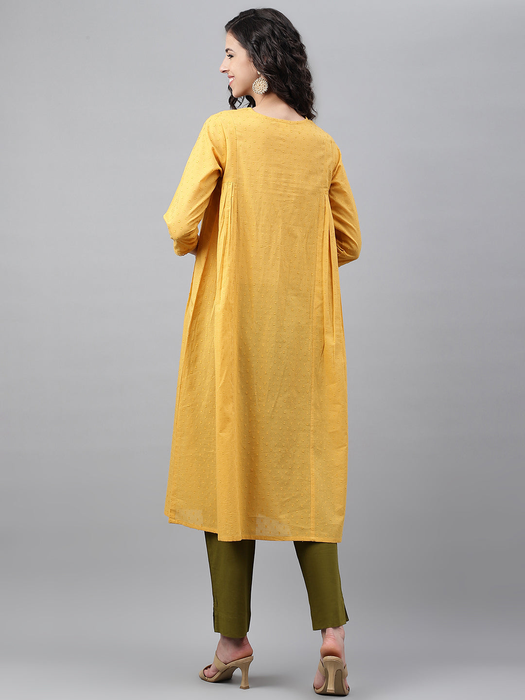 Janasya Women's Yellow Dobby Cotton Solid Casual A-Line Kurta | Swadesiicart
