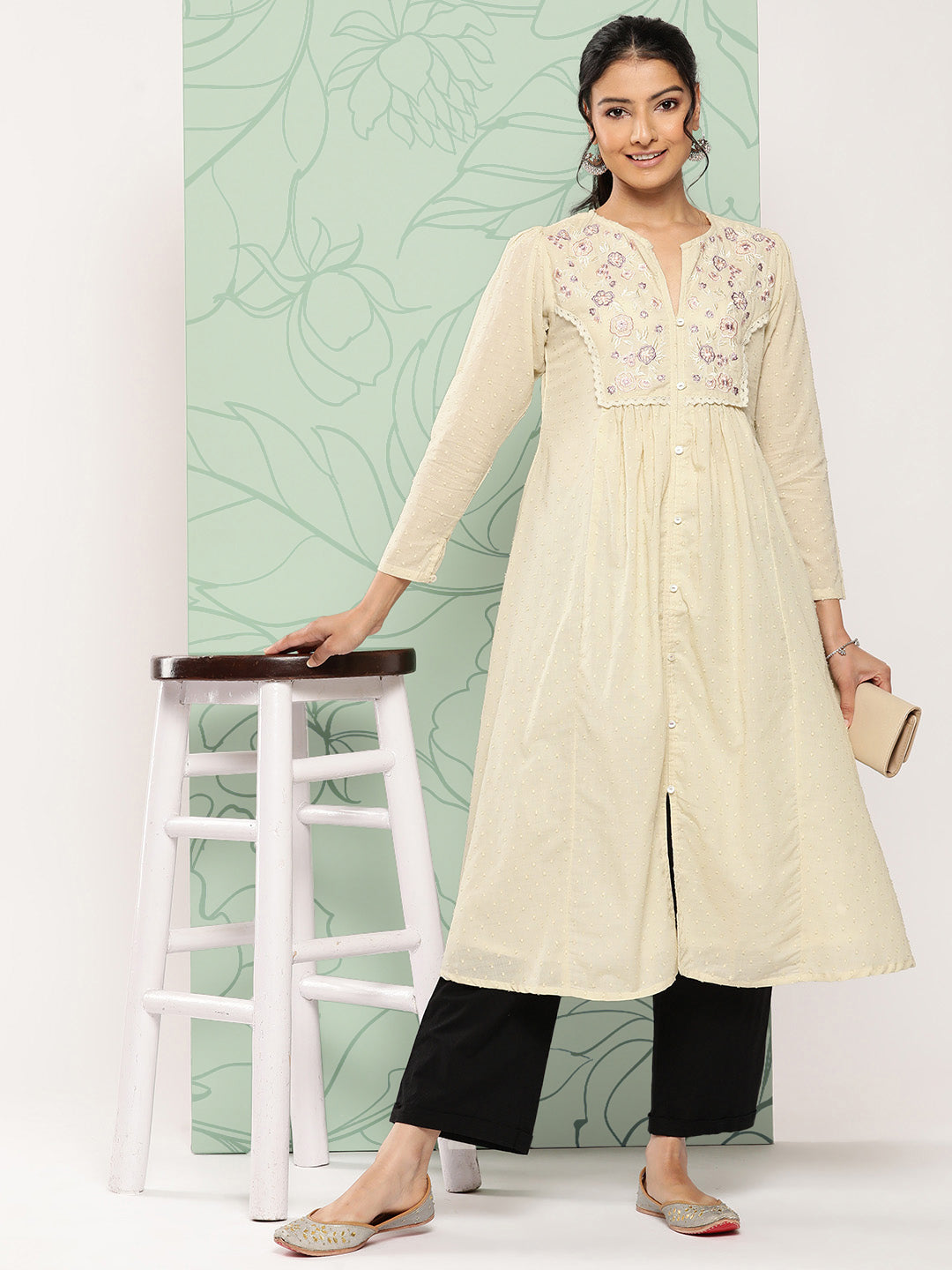 Janasya Women's Off White Dobby Cotton Solid Casual A-Line Kurta - Swadesiicart