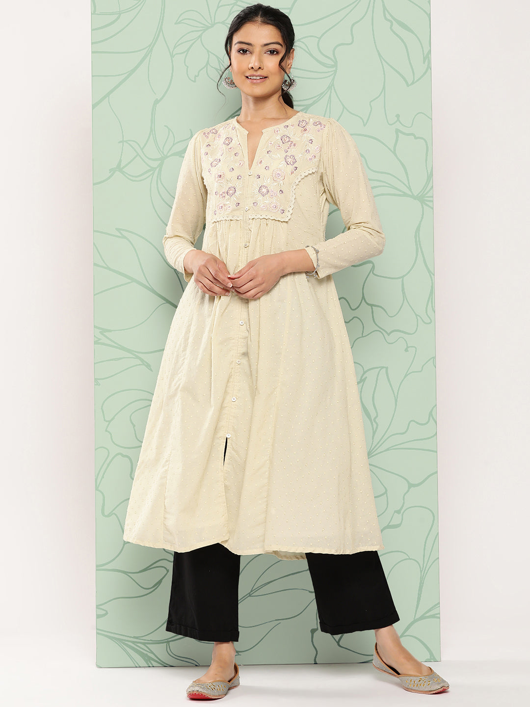 Janasya Women's Off White Dobby Cotton Solid Casual A-Line Kurta - Swadesiicart