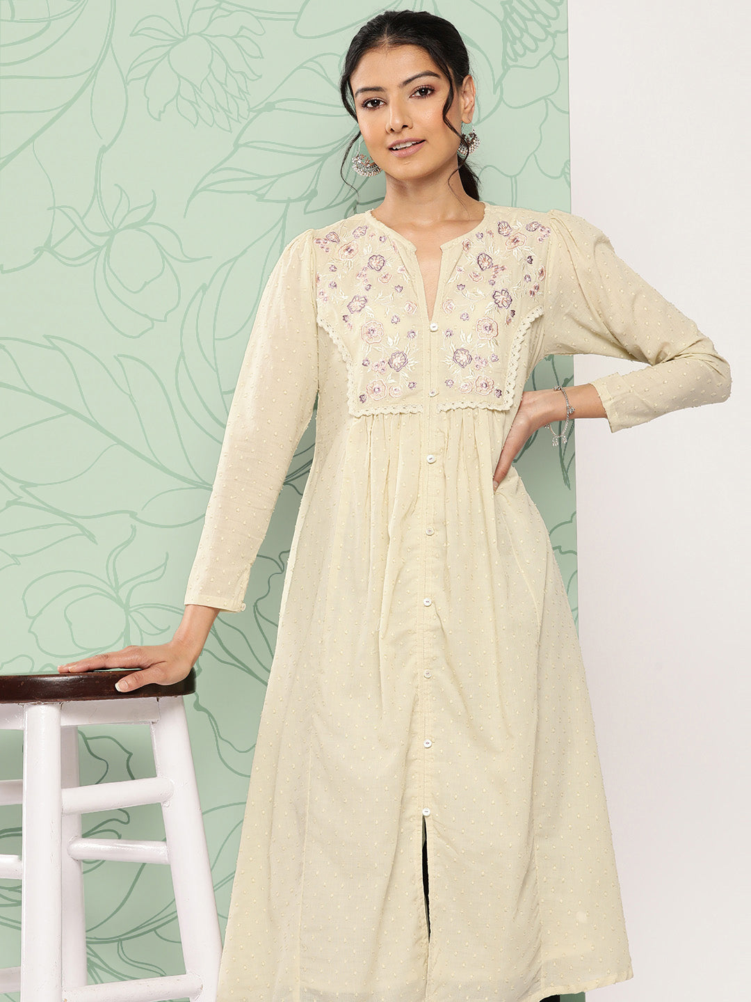 Janasya Women's Off White Dobby Cotton Solid Casual A-Line Kurta - Swadesiicart