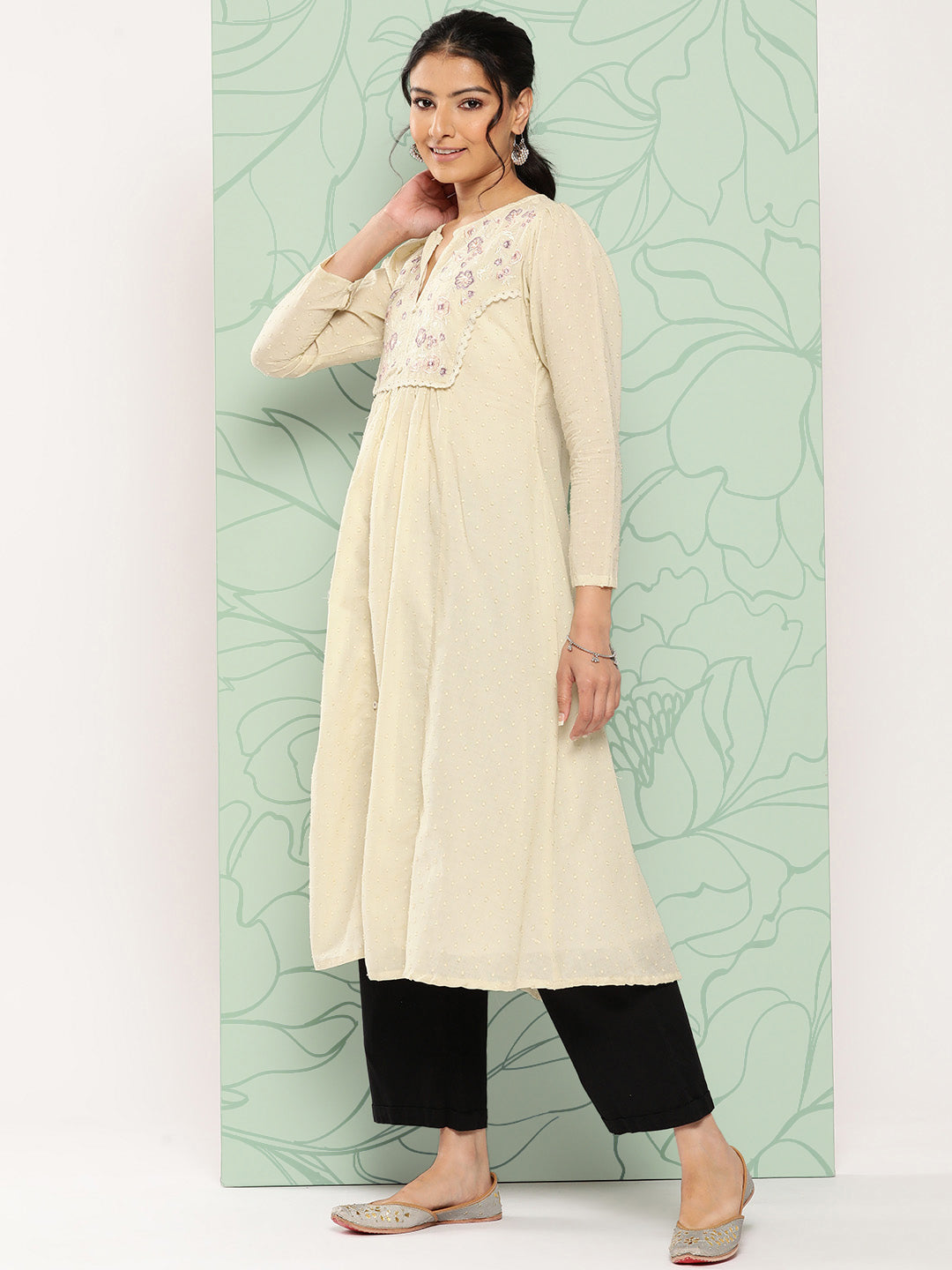 Janasya Women's Off White Dobby Cotton Solid Casual A-Line Kurta - Swadesiicart