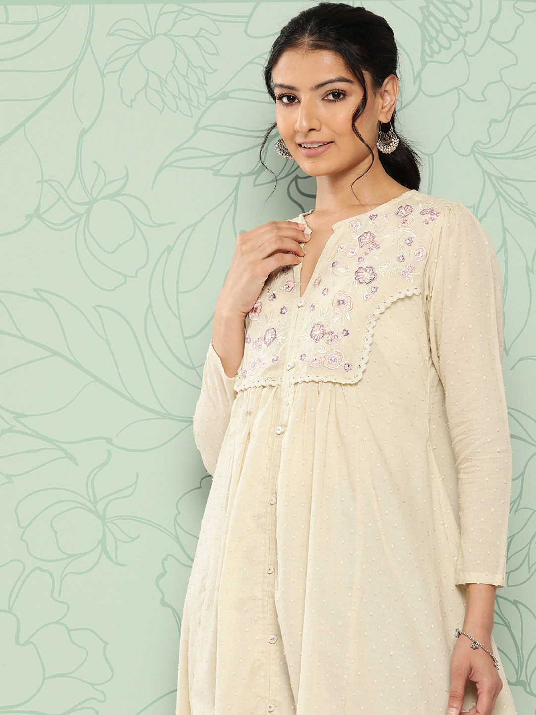 Janasya Women's Off White Dobby Cotton Solid Casual A-Line Kurta - Swadesiicart