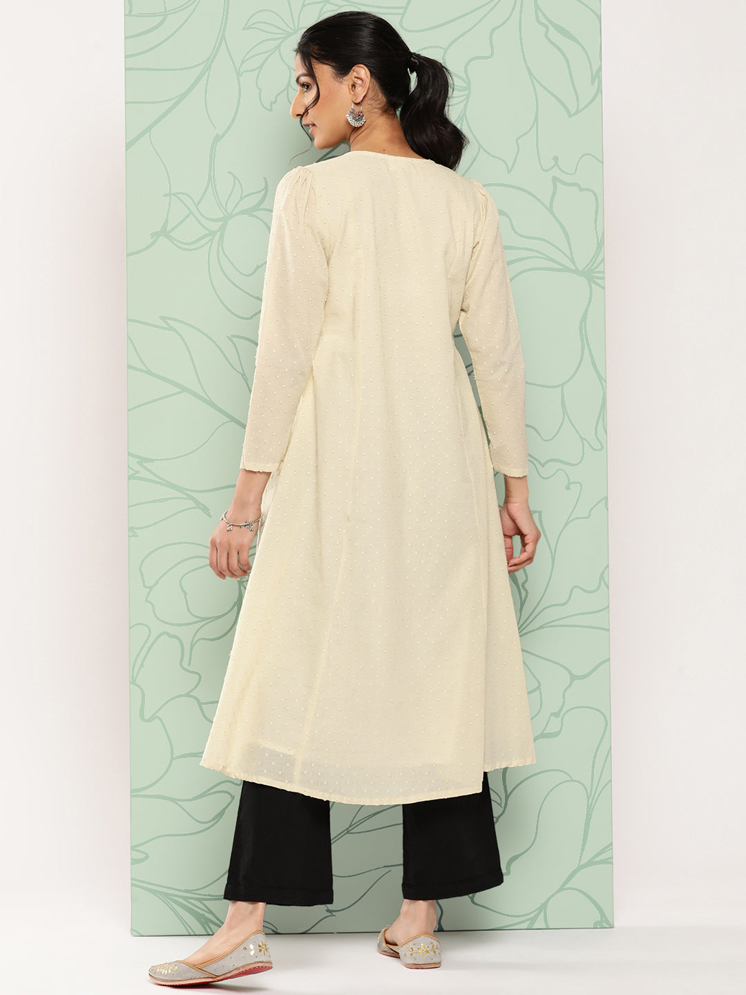 Janasya Women's Off White Dobby Cotton Solid Casual A-Line Kurta - Swadesiicart