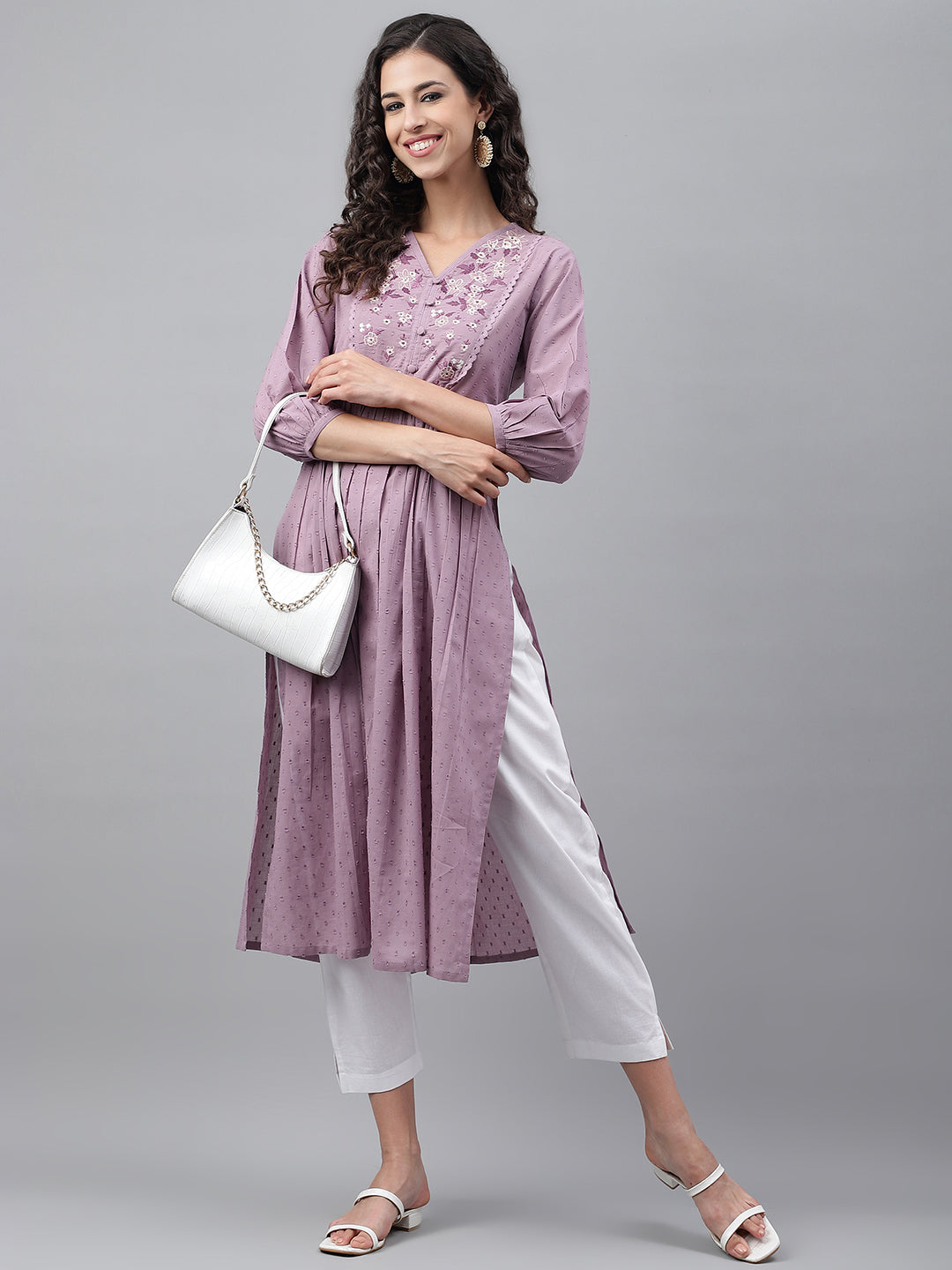 Janasya Women's Lavender Dobby Cotton Solid Casual Gathered Kurta | Swadesiicart