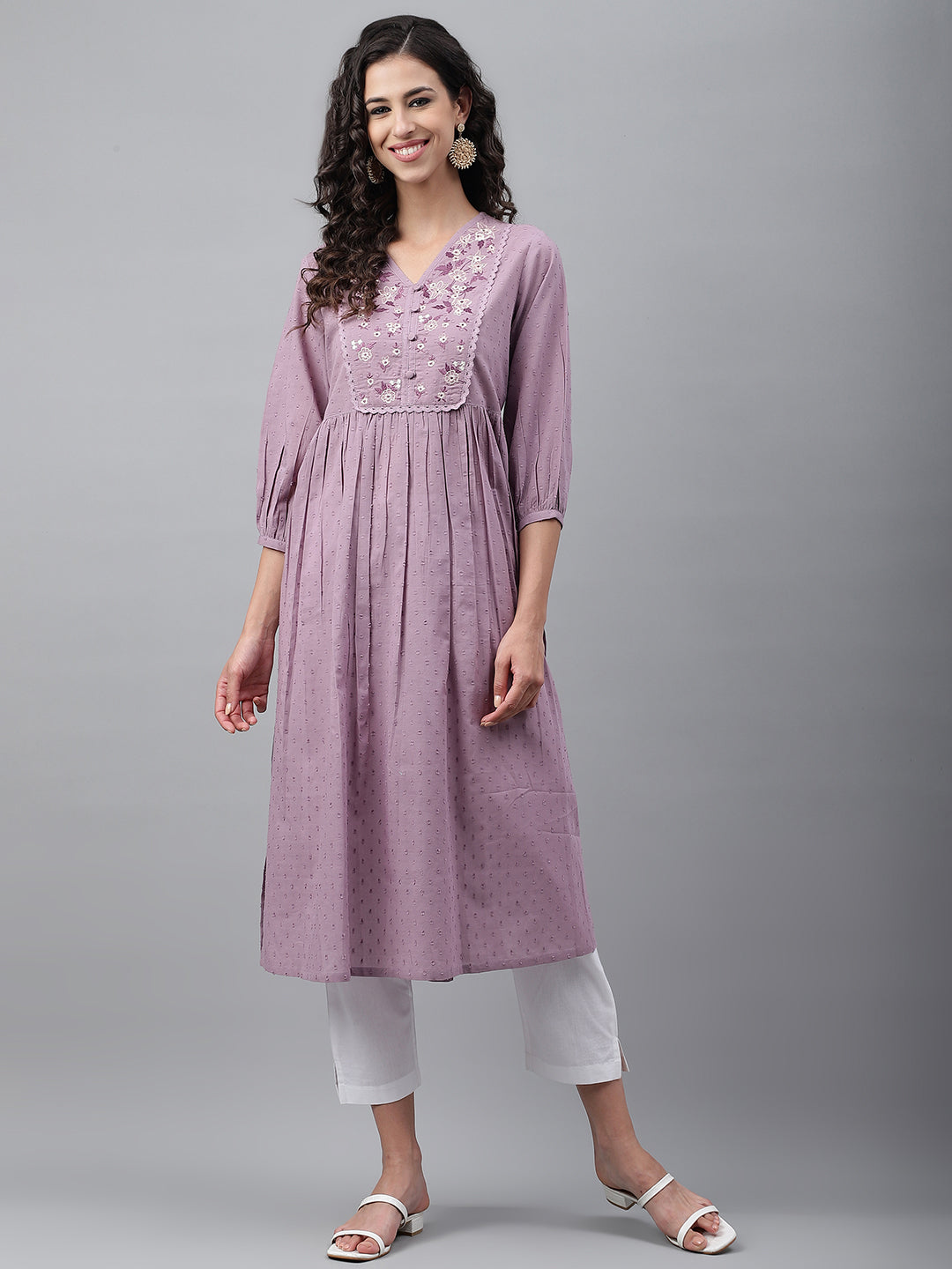 Janasya Women's Lavender Dobby Cotton Solid Casual Gathered Kurta | Swadesiicart