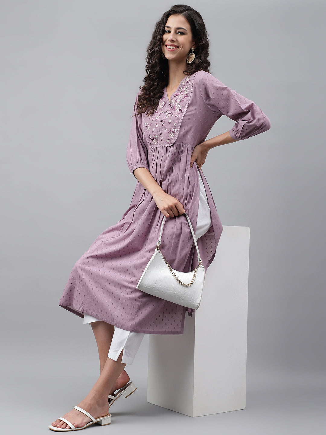 Janasya Women's Lavender Dobby Cotton Solid Casual Gathered Kurta | Swadesiicart
