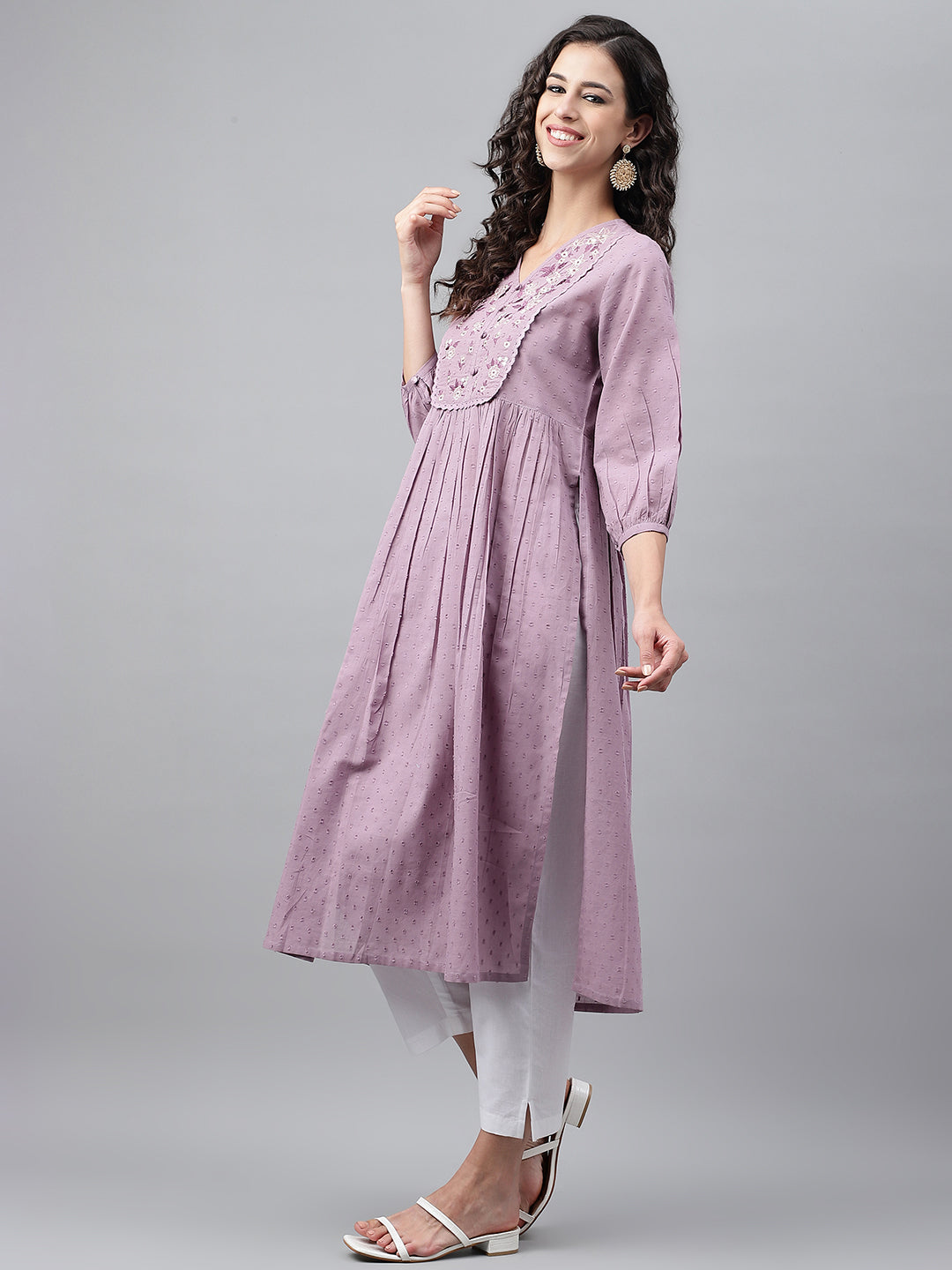 Janasya Women's Lavender Dobby Cotton Solid Casual Gathered Kurta | Swadesiicart