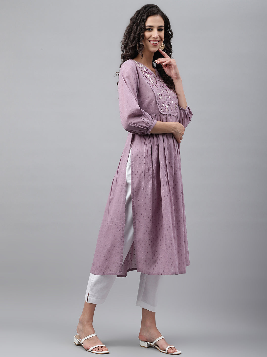 Janasya Women's Lavender Dobby Cotton Solid Casual Gathered Kurta | Swadesiicart