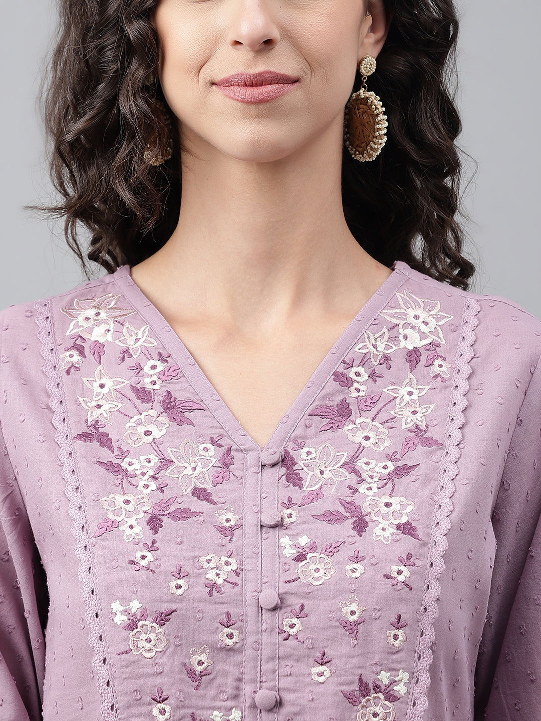 Janasya Women's Lavender Dobby Cotton Solid Casual Gathered Kurta | Swadesiicart