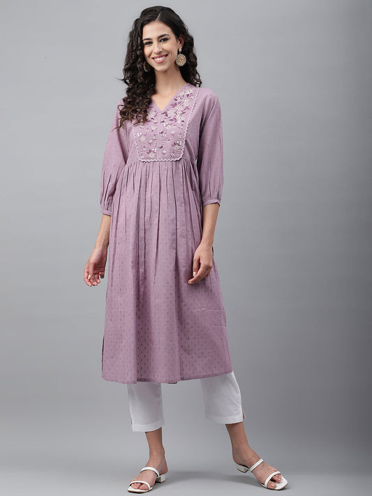 Janasya Women's Lavender Dobby Cotton Solid Casual Gathered Kurta | Swadesiicart