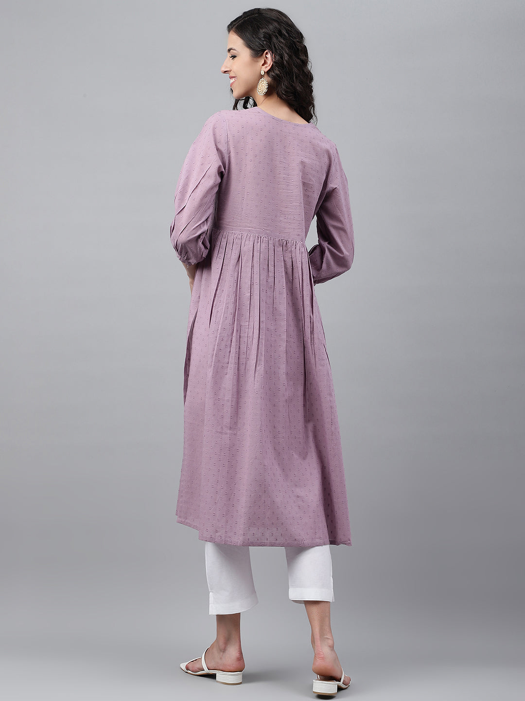 Janasya Women's Lavender Dobby Cotton Solid Casual Gathered Kurta | Swadesiicart