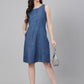 Janasya Women's Blue Denim Solid Straight Western Dress | Swadesiicart