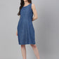 Janasya Women's Blue Denim Solid Straight Western Dress | Swadesiicart