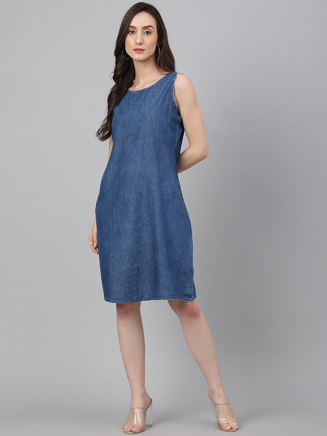 Janasya Women's Blue Denim Solid Straight Western Dress | Swadesiicart