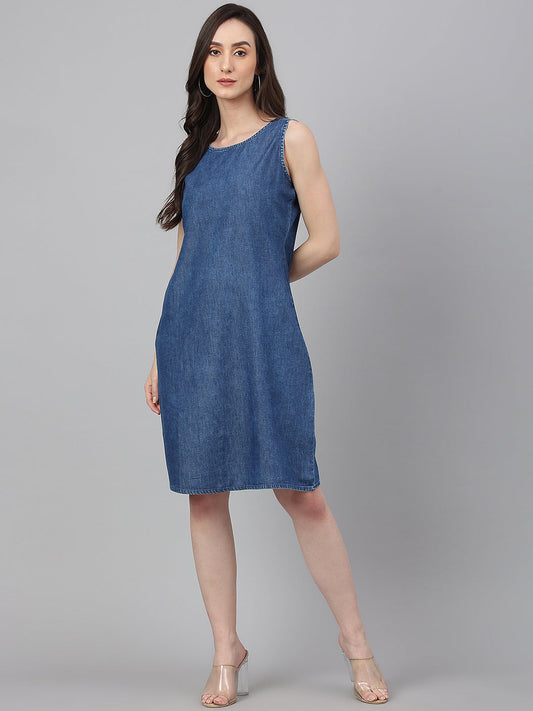 Janasya Women's Blue Denim Solid Straight Western Dress | Swadesiicart
