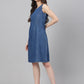Janasya Women's Blue Denim Solid Straight Western Dress | Swadesiicart