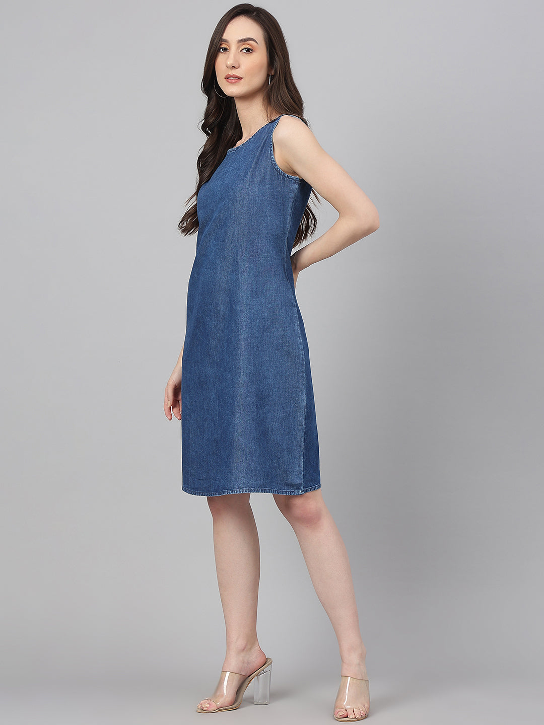 Janasya Women's Blue Denim Solid Straight Western Dress | Swadesiicart