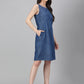 Janasya Women's Blue Denim Solid Straight Western Dress | Swadesiicart