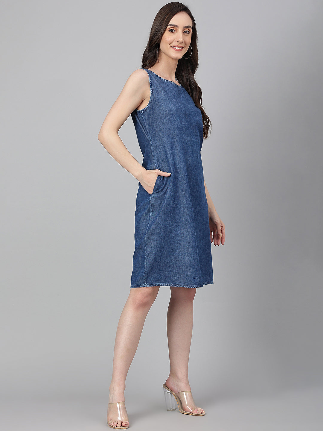 Janasya Women's Blue Denim Solid Straight Western Dress | Swadesiicart