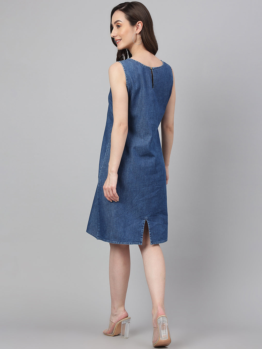 Janasya Women's Blue Denim Solid Straight Western Dress | Swadesiicart