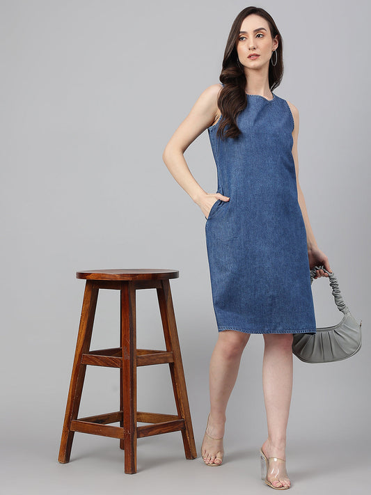 Janasya Women's Blue Denim Solid Straight Western Dress | Swadesiicart