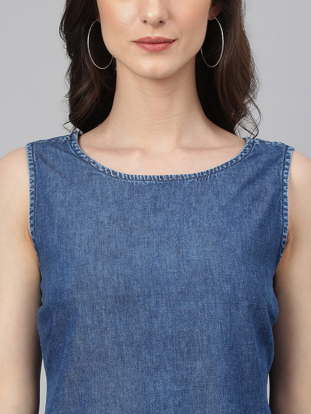 Janasya Women's Blue Denim Solid Straight Western Dress | Swadesiicart