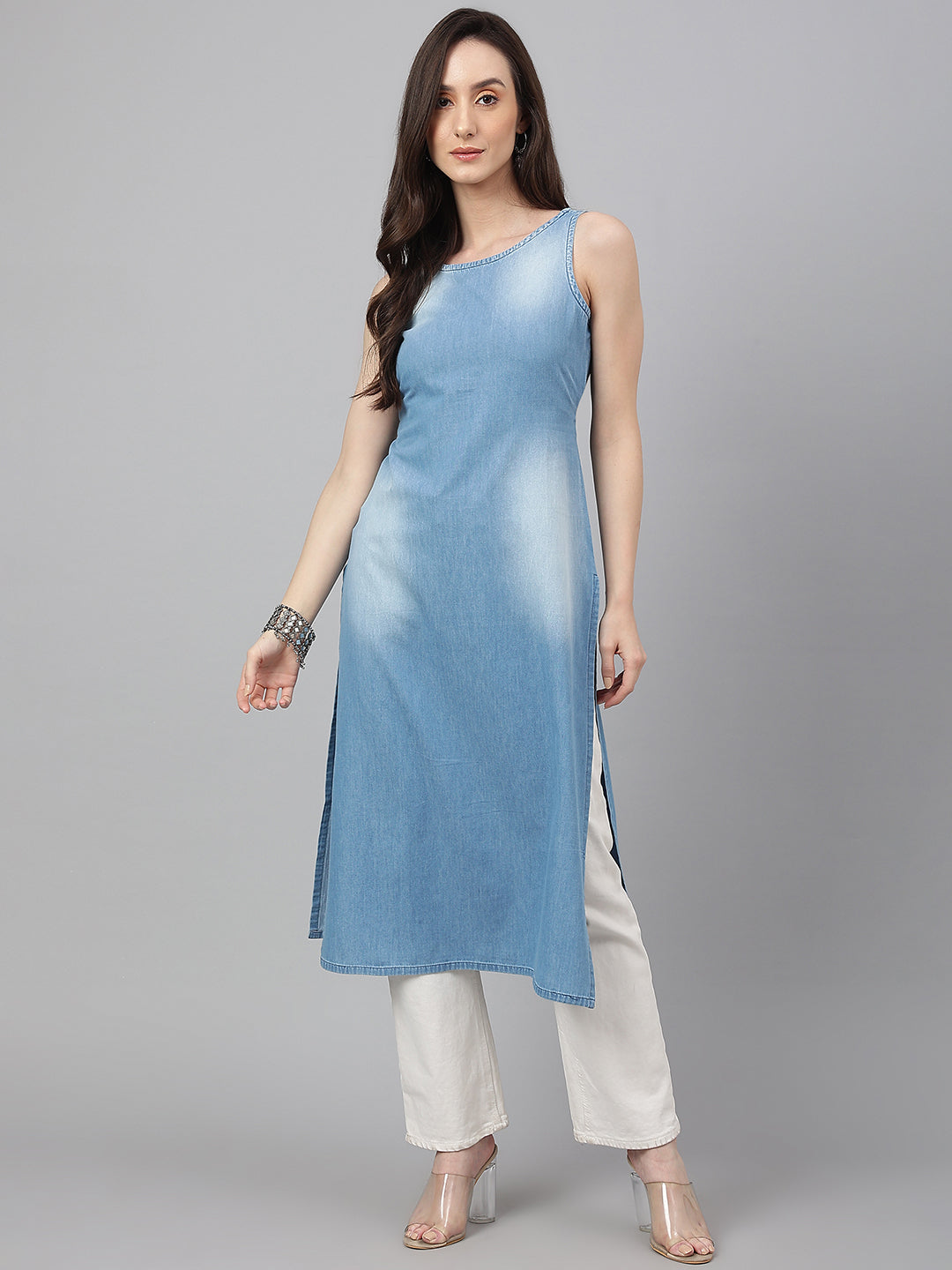 Janasya Women's Light Blue Denim Solid Casual Straight Kurta | Swadesiicart