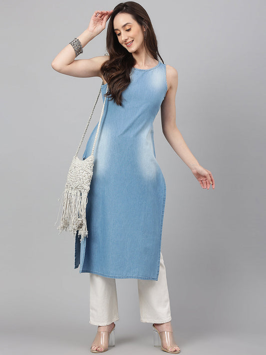 Janasya Women's Light Blue Denim Solid Casual Straight Kurta | Swadesiicart