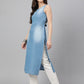 Janasya Women's Light Blue Denim Solid Casual Straight Kurta | Swadesiicart