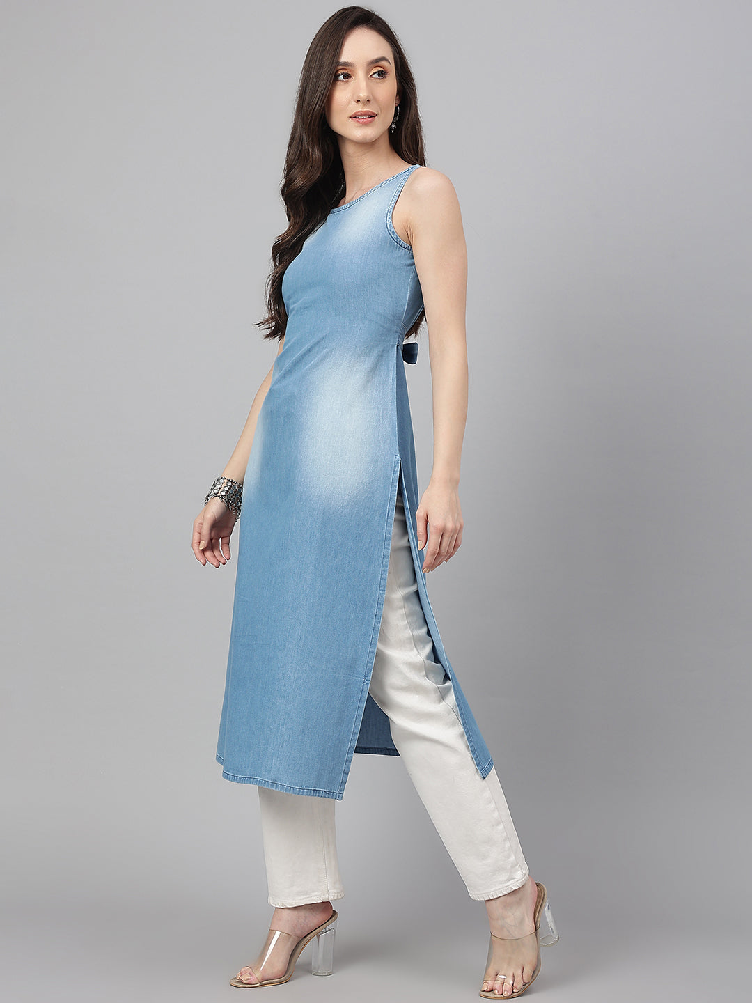 Janasya Women's Light Blue Denim Solid Casual Straight Kurta | Swadesiicart