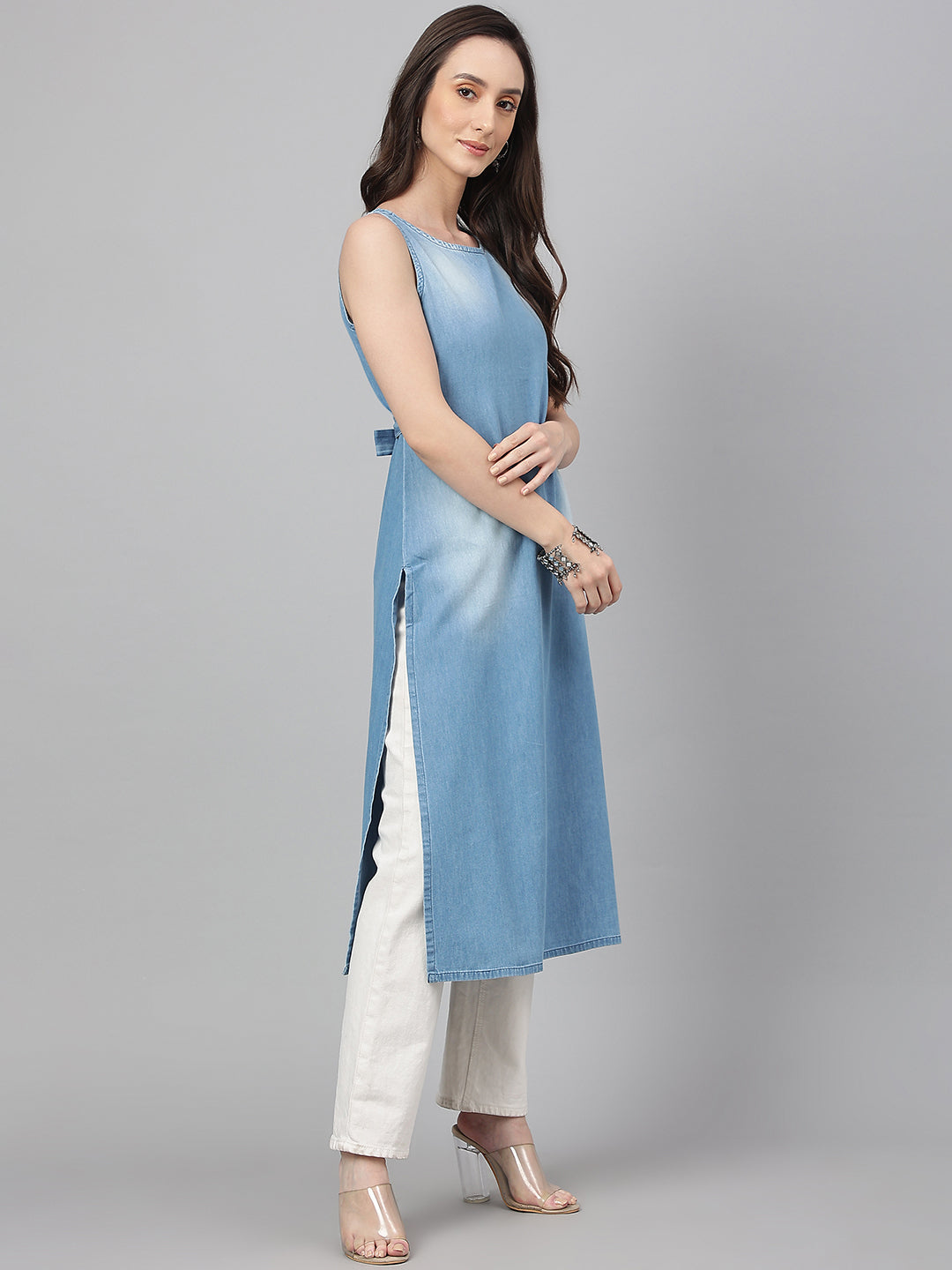 Janasya Women's Light Blue Denim Solid Casual Straight Kurta | Swadesiicart