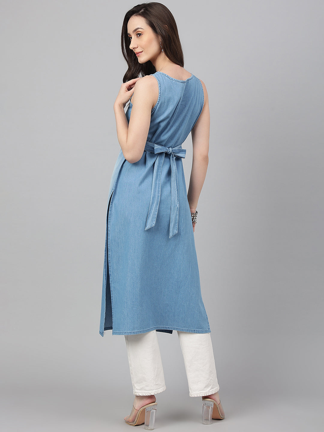 Janasya Women's Light Blue Denim Solid Casual Straight Kurta | Swadesiicart