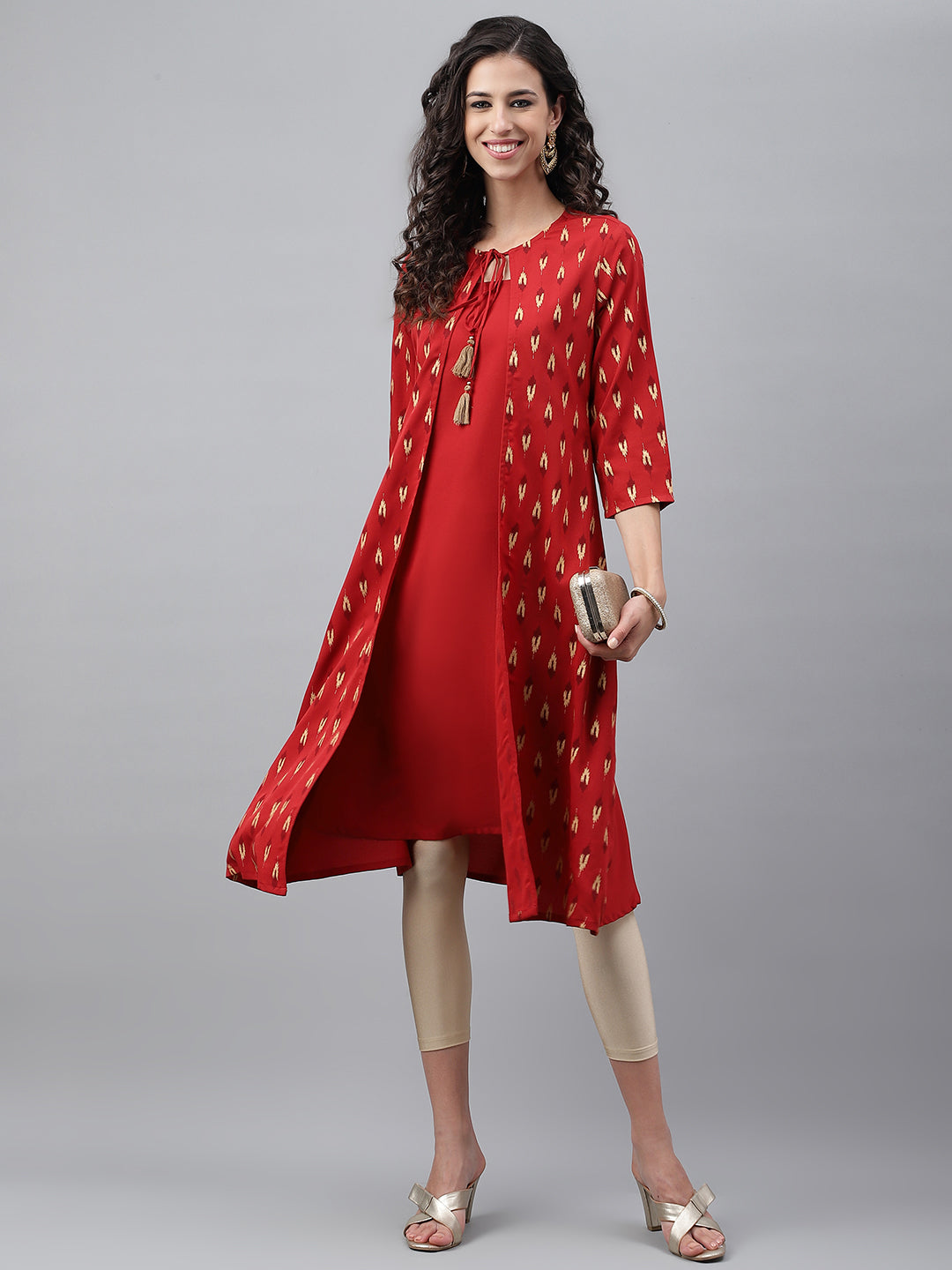 Janasya Women's Red Crepe Ikat Printed Festive Jacket Style Kurta | Swadesiicart