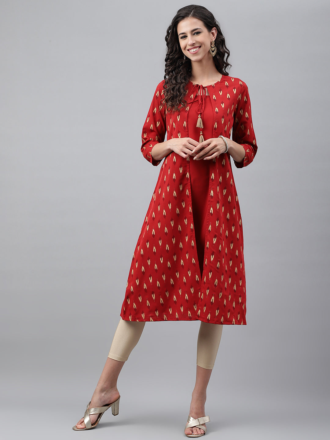 Janasya Women's Red Crepe Ikat Printed Festive Jacket Style Kurta | Swadesiicart