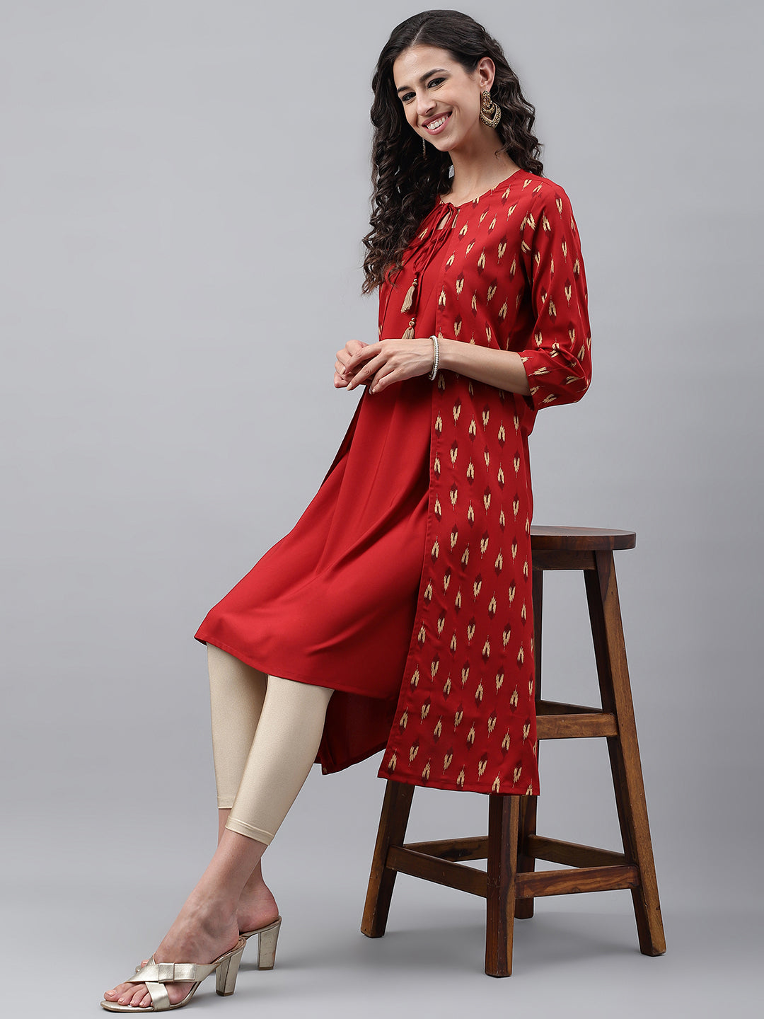 Janasya Women's Red Crepe Ikat Printed Festive Jacket Style Kurta | Swadesiicart