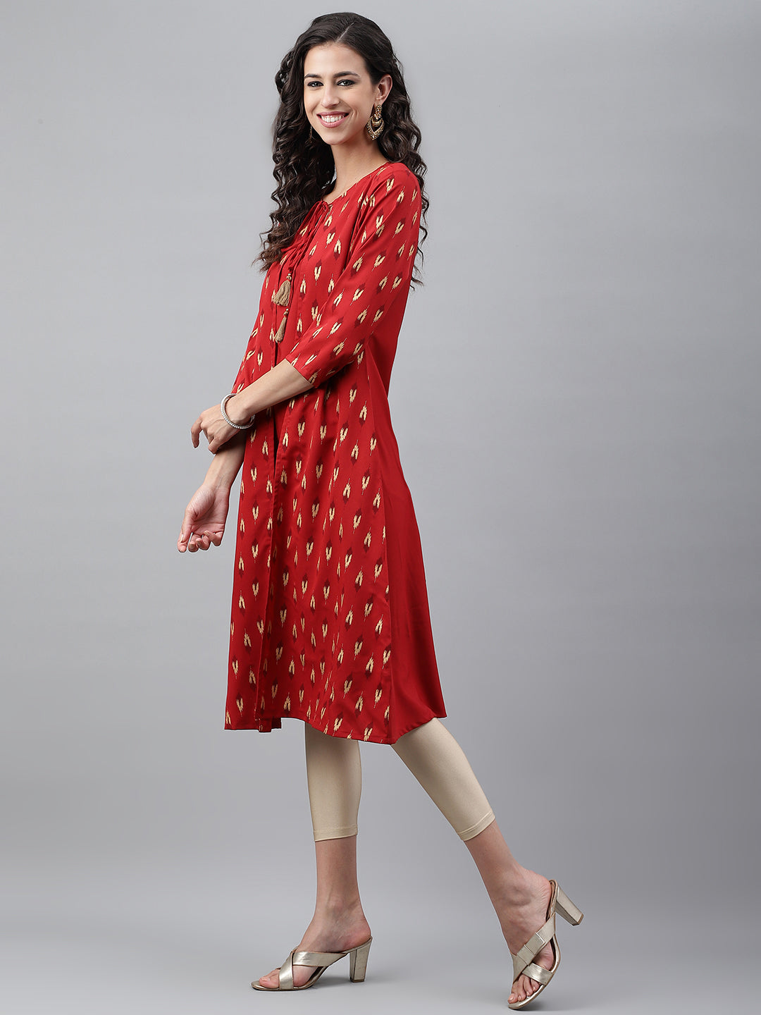 Janasya Women's Red Crepe Ikat Printed Festive Jacket Style Kurta | Swadesiicart