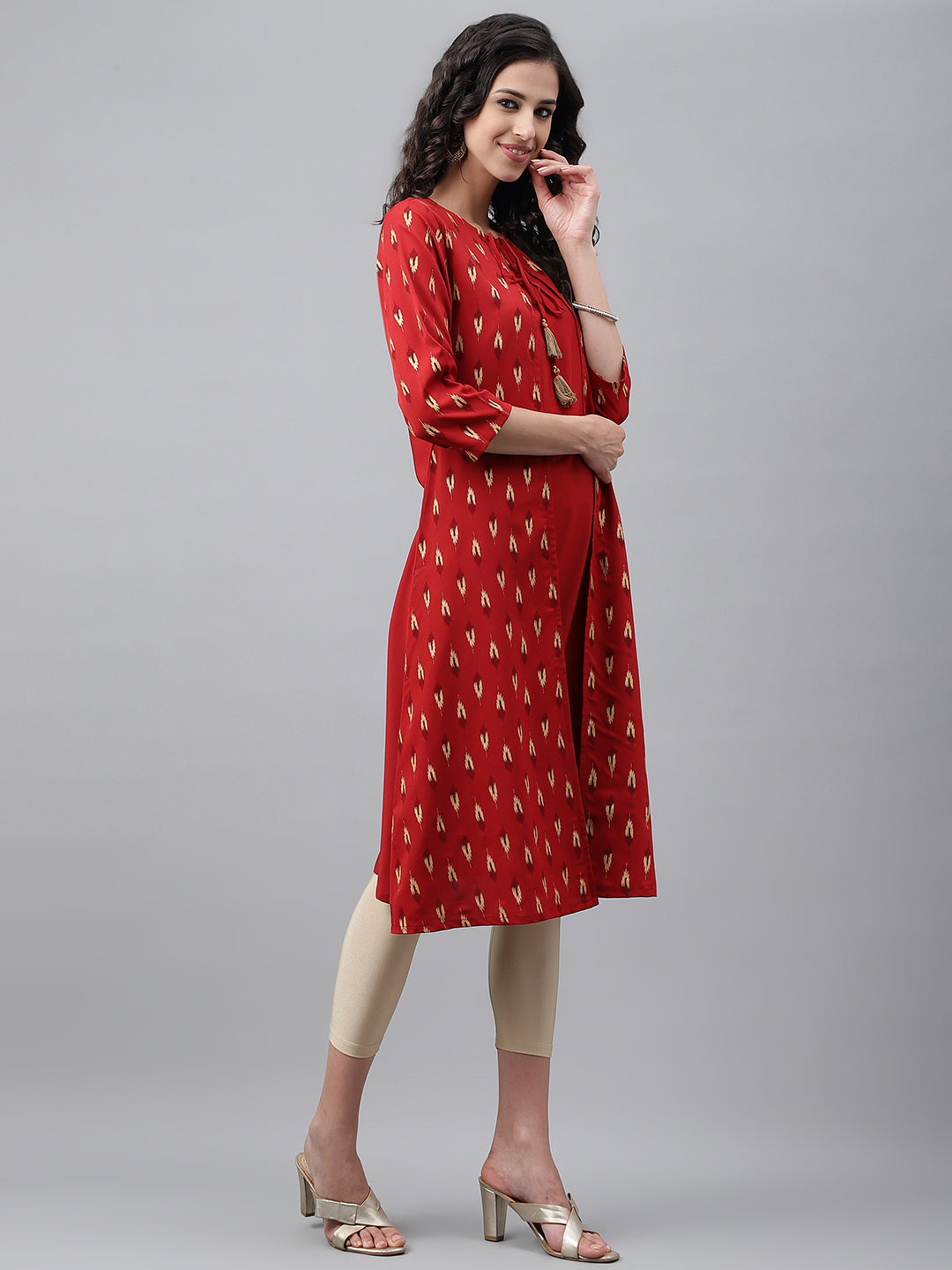 Janasya Women's Red Crepe Ikat Printed Festive Jacket Style Kurta | Swadesiicart