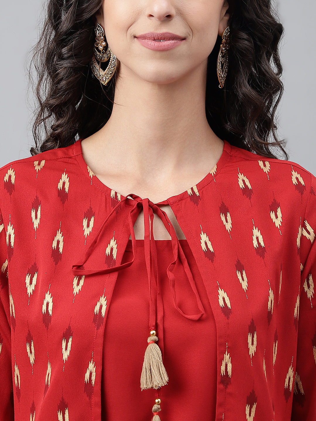 Janasya Women's Red Crepe Ikat Printed Festive Jacket Style Kurta | Swadesiicart