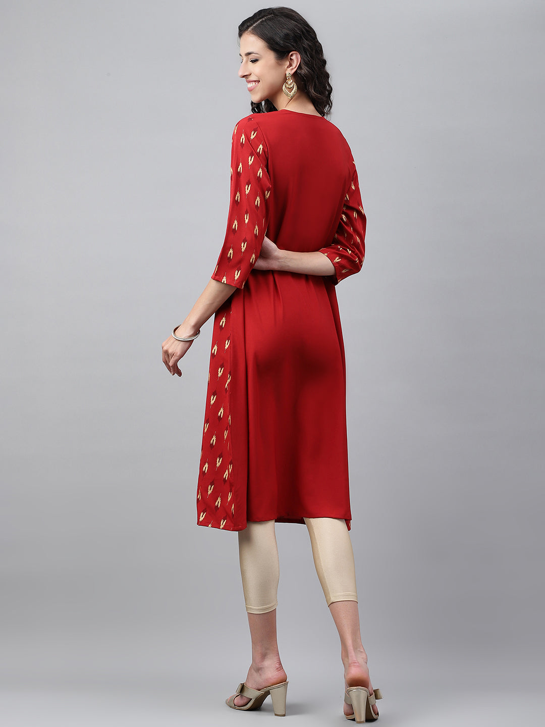 Janasya Women's Red Crepe Ikat Printed Festive Jacket Style Kurta | Swadesiicart