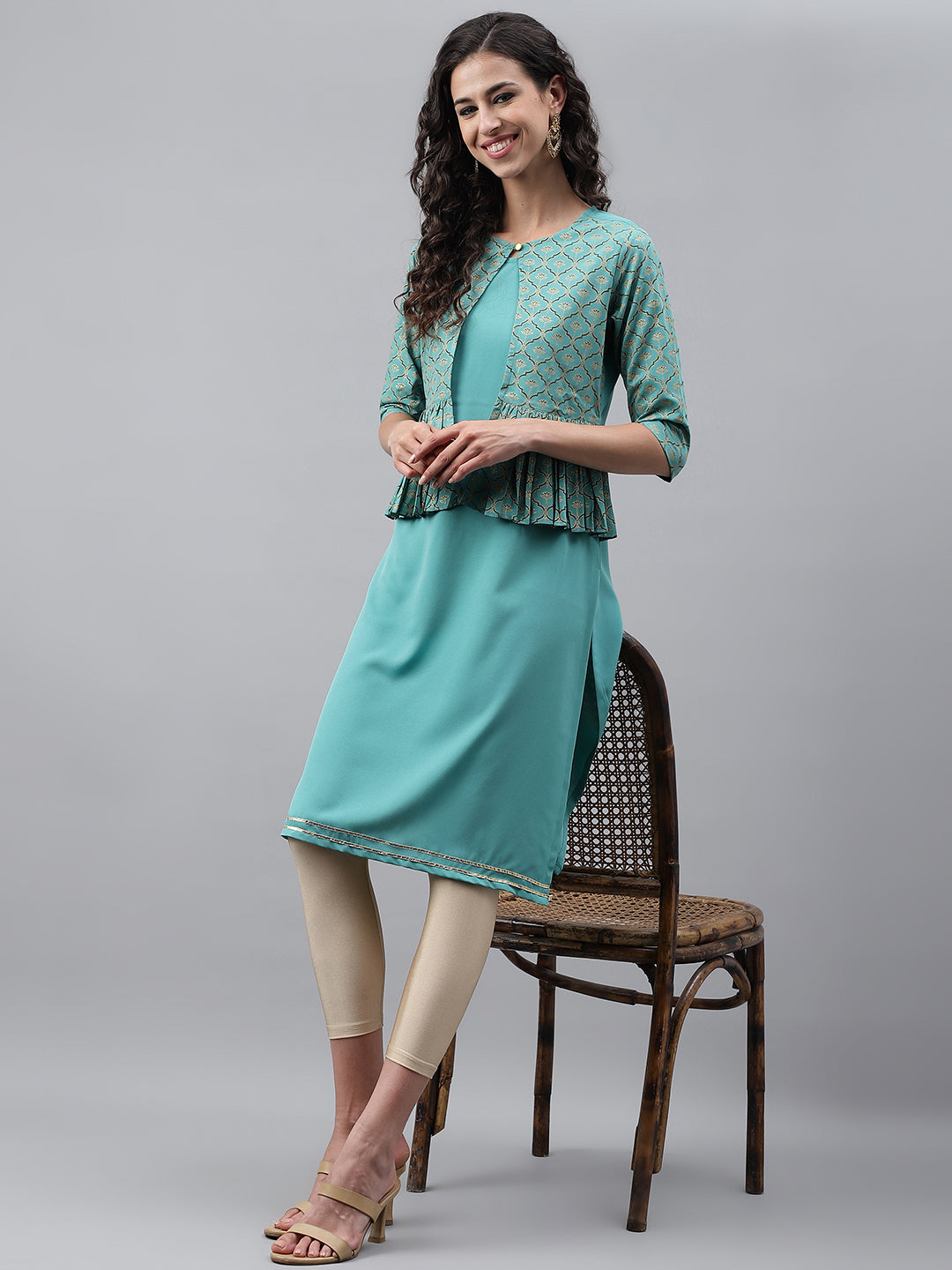 Janasya Women's Green Crepe Foil Printed Festive Jacket Style Kurta | Swadesiicart