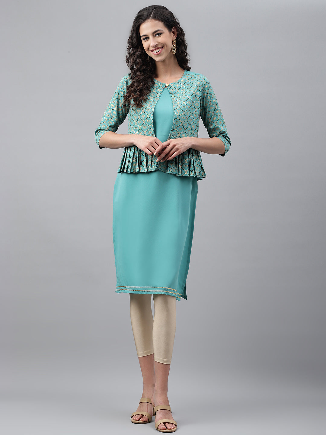 Janasya Women's Green Crepe Foil Printed Festive Jacket Style Kurta | Swadesiicart