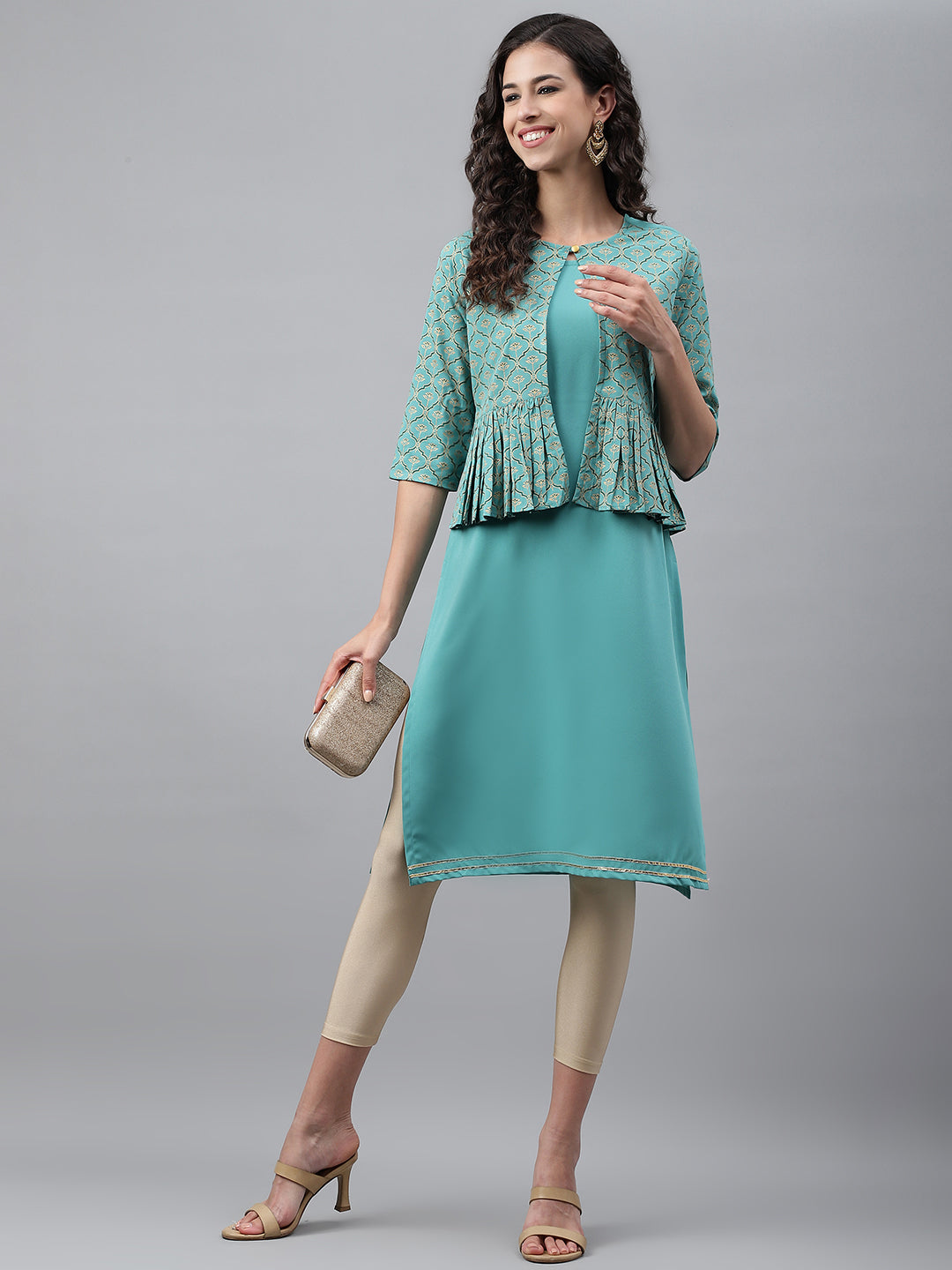 Janasya Women's Green Crepe Foil Printed Festive Jacket Style Kurta | Swadesiicart