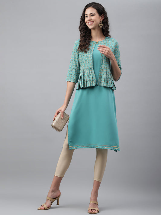 Janasya Women's Green Crepe Foil Printed Festive Jacket Style Kurta | Swadesiicart