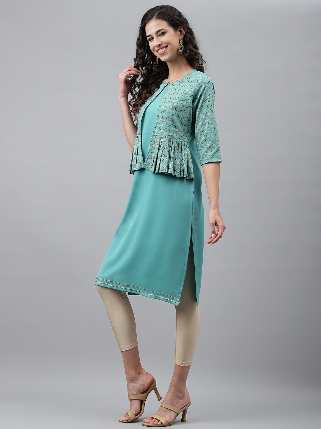 Janasya Women's Green Crepe Foil Printed Festive Jacket Style Kurta | Swadesiicart