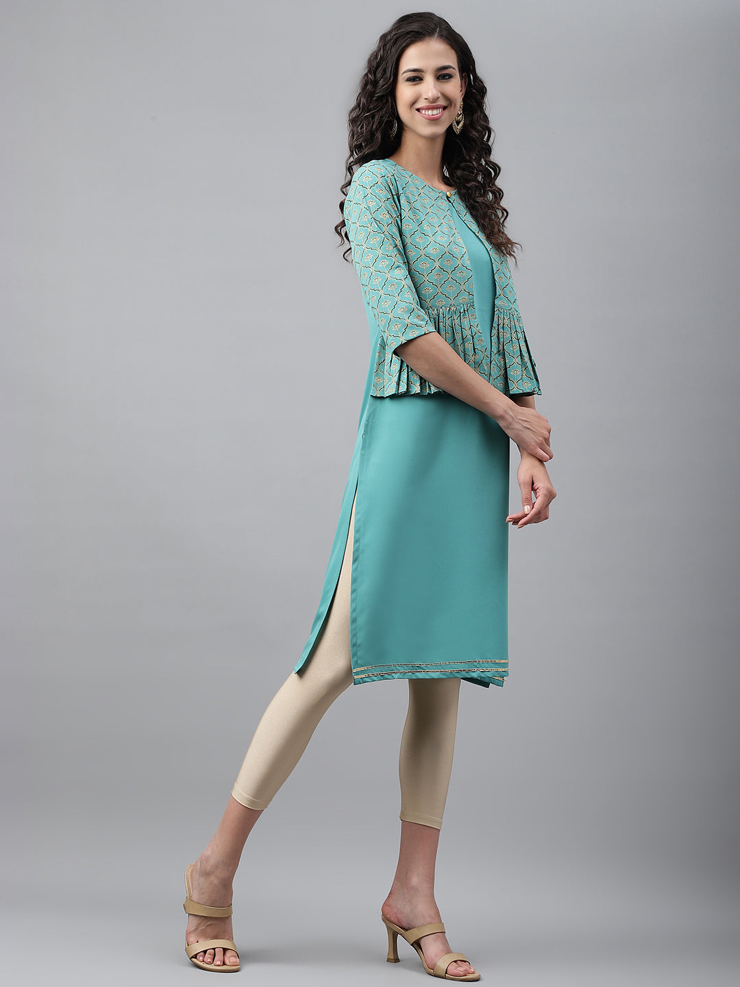 Janasya Women's Green Crepe Foil Printed Festive Jacket Style Kurta | Swadesiicart