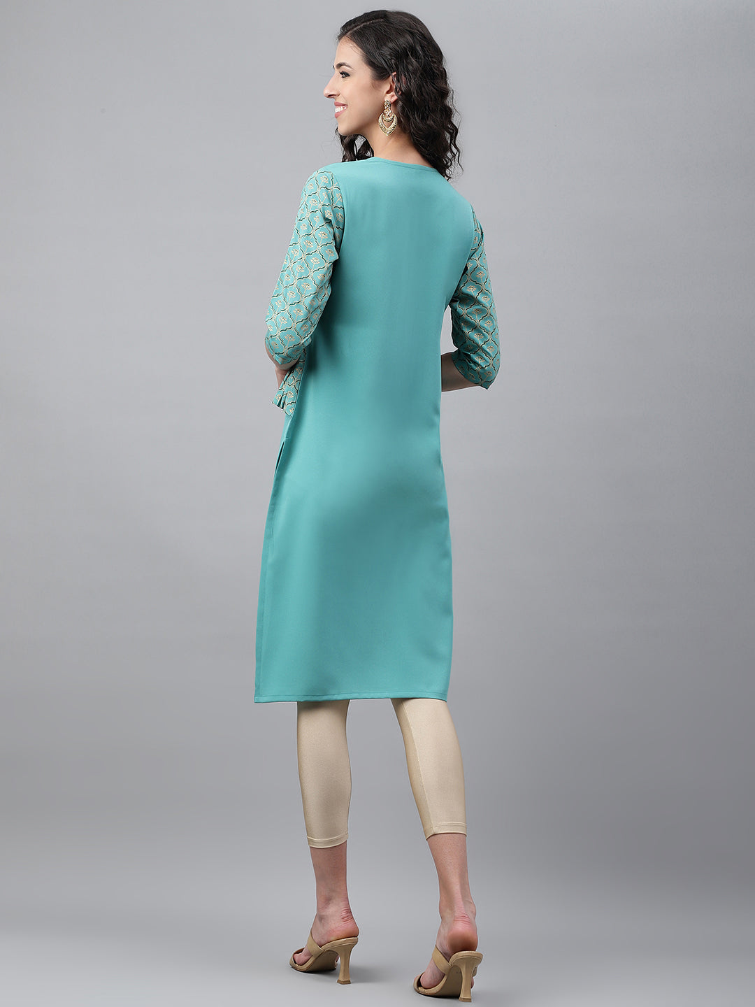 Janasya Women's Green Crepe Foil Printed Festive Jacket Style Kurta | Swadesiicart