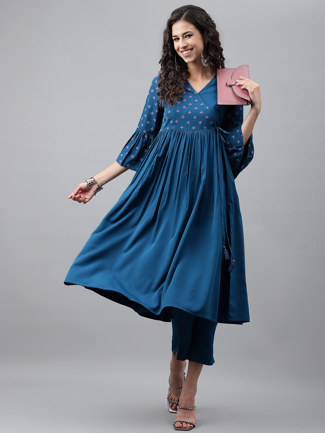 Janasya Women's Blue Crepe Solid Casual Angrakha Kurta | Swadesiicart