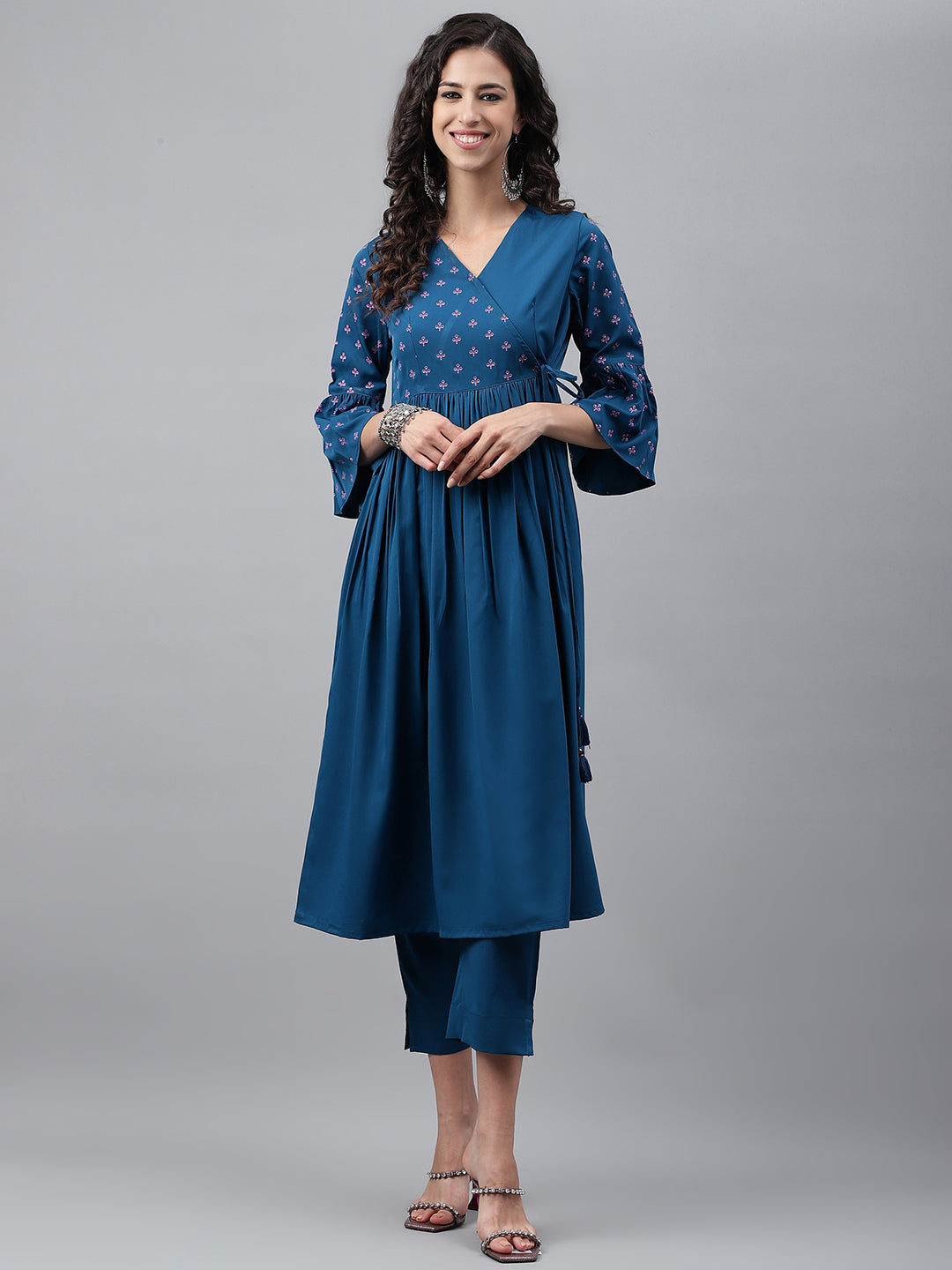 Janasya Women's Blue Crepe Solid Casual Angrakha Kurta | Swadesiicart